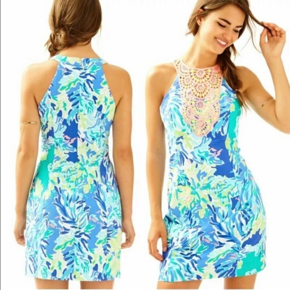 Lilly Pulitzer Pearl Shift Dress Blue Floral Size 00 Embroidered Halter Neckline
